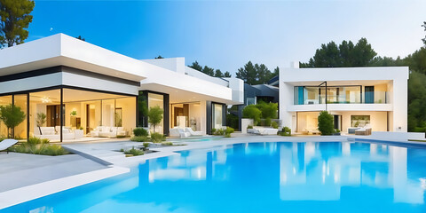 Modern house with pool, luxurious villa with swimming pool at dusk