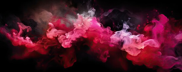 Ink water. Color mist. Pink, red and purple shiny glitter steam cloud blend on dark black abstract art banner background. Ai generative.