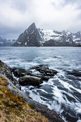 Rainy, cold, cloudy day in Lofoten, Norway