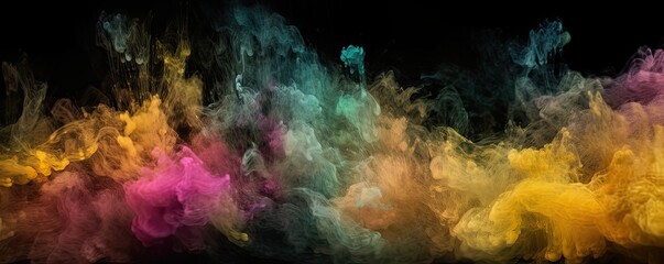 Ink water. Color mist. Yellow green pink shiny glitter steam cloud blend on dark black abstract art banner background. Ai generative.