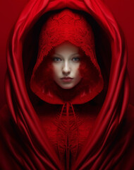 Generative AI Illustration of a Woman Dressed Entirely in Red and Surrounded by a Red Cloth Frame. Red Riding Hood as an adult.