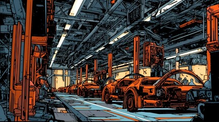 Automotive manufacturing plants . Fantasy concept , Illustration painting.