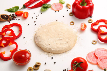 Obraz na płótnie Canvas Raw dough and ingredients for preparing pizza on white background