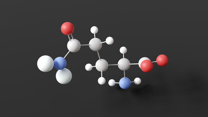 glutamine molecule, molecular structure, polar amino acid, ball and stick 3d model, structural chemical formula with colored atoms
