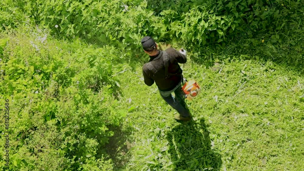 Poster man mowing grass with a trimmer
