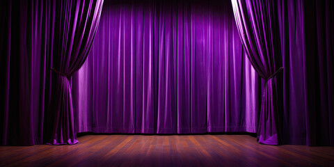 purple stage curtain on wooden floor. Generative AI