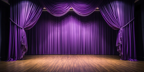 purple stage curtain on wooden floor. Generative AI
