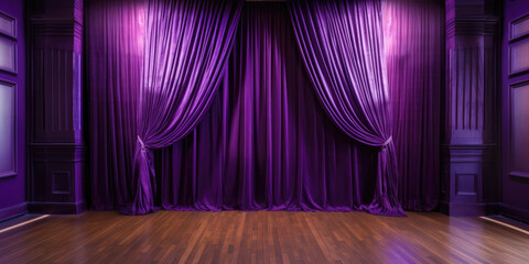 purple stage curtain on wooden floor. Generative AI