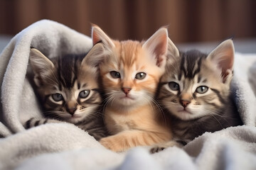 Fototapeta na wymiar Three tiny kittens sit under a warm blanket on a bed at home.