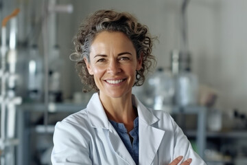 Fototapeta premium Woman is conducting experiments wearing a scientist's lab coat against a laboratory background. Generative AI