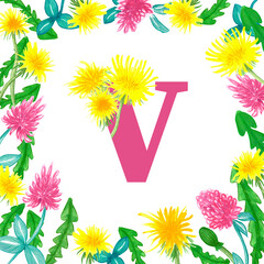 Letter V with dandelions. Yellow dandelion and clover flowers, hand drawn - floral frame pattern on white background