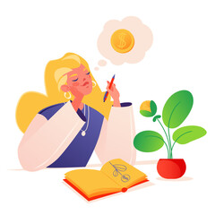 Girl dreams of future profits, pleasant spending. An investment of money, profitable business plan, metaphor. Vector cartoon illustration isolated on white background