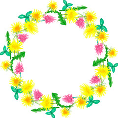 Wreath of Yellow dandelion and clover flowers, hand drawn - floral frame pattern on white background