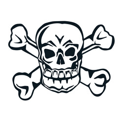Skull and crossed bones for Halloween and piracy topics, black and white vector illustration isolated on dark background. Skull and crossbones of skeleton.