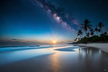 Fototapeta premium Silver Sands and Moonlit Waves: A Tranquil Nocturnal Beachscape