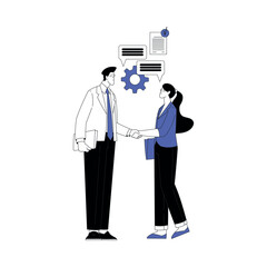 Business Process with Man and Woman Character Meet Handshaking Making Deal Vector Illustration
