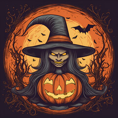 Witch with big hat and pumpkin and bat. Dark and pastel background. Generative AI.