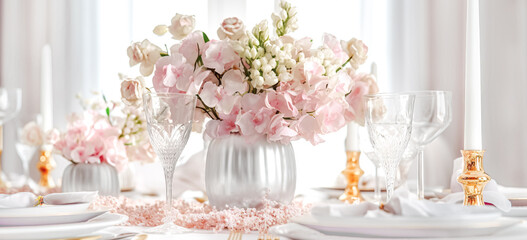 Pink Tables set for an event party or wedding reception. Luxury elegant table setting dinner in a restaurant. glasses and dishes.	