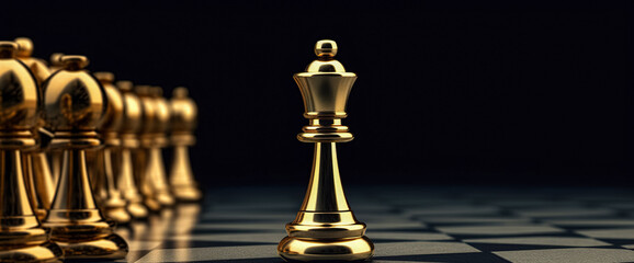 Gold king winner surrounded with gold chess pieces on chess board game competition. concept...
