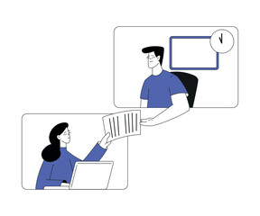 Business Process with Man and Woman Character in Web Window Share Paper Document Vector Illustration