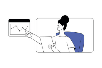 Business Process with Woman Character in Web Window Showing Graph Vector Illustration