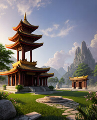 Panoramic temple landscape with scenic park and sky clouds