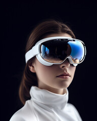 Virtual reality headset on a woman with dark brown hair  taking a glimpse into the metaverse, generative AI