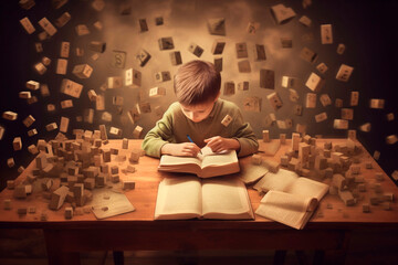 Kid studying surrounded by readings and doubts. boy with dyslexia Gifted child acquiring many knowledge at once.  Student concept surrounded by study subjects. Generative ai. - obrazy, fototapety, plakaty