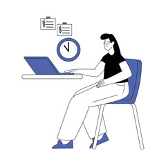 Business Process with Woman Character Sitting at Laptop Vector Illustration