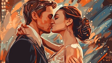 Beautiful bride and groom embracing on their wedding day . Fantasy concept , Illustration painting.