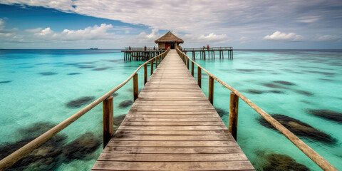 Fototapeta premium Wooden jetty that juts out into paradise tuquoise waters. Generative AI