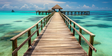 Wooden jetty that juts out into paradise tuquoise waters. Generative AI