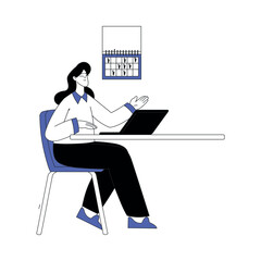 Business Process with Woman Character Working at Laptop Vector Illustration