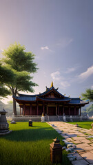 Panoramic temple landscape with scenic park and sky clouds