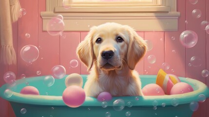 The dog is sitting in a bubble bath with a pink towel and soap bubbles. Golden Retriever baths with bath accessories.