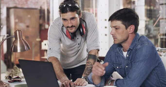 Men in workshop, metal worker and laptop, team with steel work plan and welder, communication and labor skills. Welding industry, male people in meeting and digital production planning with trade