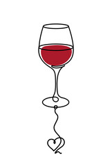 Drawing line color wineglass with heart on the white