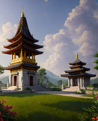 Panoramic temple landscape with scenic park and sky clouds