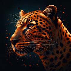 Portrait of a leopard in neon style on a dark background.