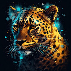 Portrait of a leopard in neon style on a dark background.