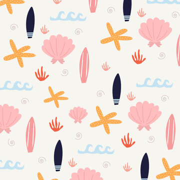 Summer seamless pattern with surf boards, seashells and stars 