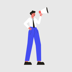 Business Man Character Standing with Megaphone Vector Illustration