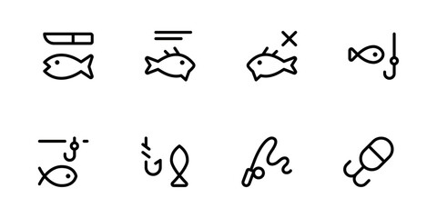 Fishing icon, vector set design with Editable Stroke. Line, Solid, Flat Line, thin style and Suitable for Web Page, Mobile App, UI, UX design. - obrazy, fototapety, plakaty