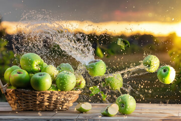 Fototapeta na wymiar basket of green apples, on a wooden table, under the sunset with a beautiful countryside blurred on the blur background, made with ai generative tools