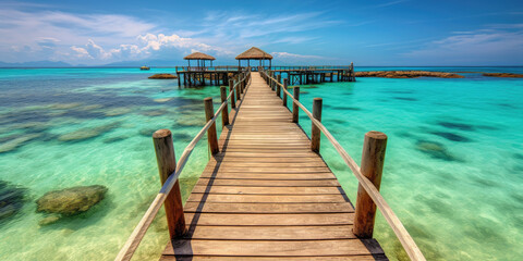 Obraz premium Wooden jetty that juts out into paradise tuquoise waters. Generative AI