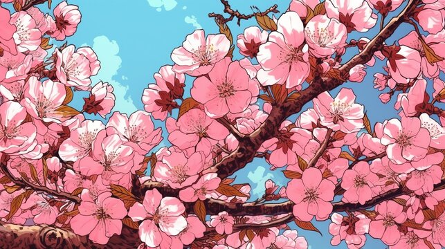 Beautiful spring cherry blossoms . Fantasy concept , Illustration painting.