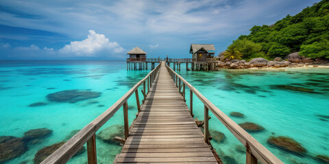 Fototapeta premium Wooden jetty that juts out into paradise tuquoise waters. Generative AI