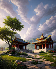Panoramic temple landscape with scenic park and sky clouds