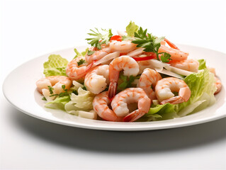 Close up of a Cesar salad with shrimp, green lettuce and parmesan cheese isolated on white background. Ai generated