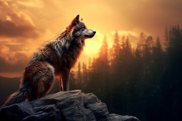 Wolfin the wilderness, Sunset, freedom concept 